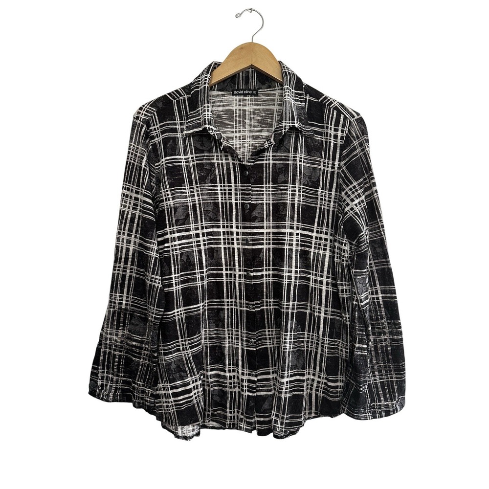 David Cline Snap Up Top Womens XL Abstract Plaid USA Casual Career Long Sleeve